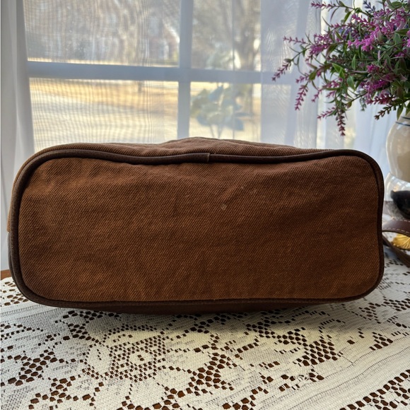 Myra Bag Brown and Cream Shoulder Bag Vintage Pattern and Leather Trim - Picture 4 of 8